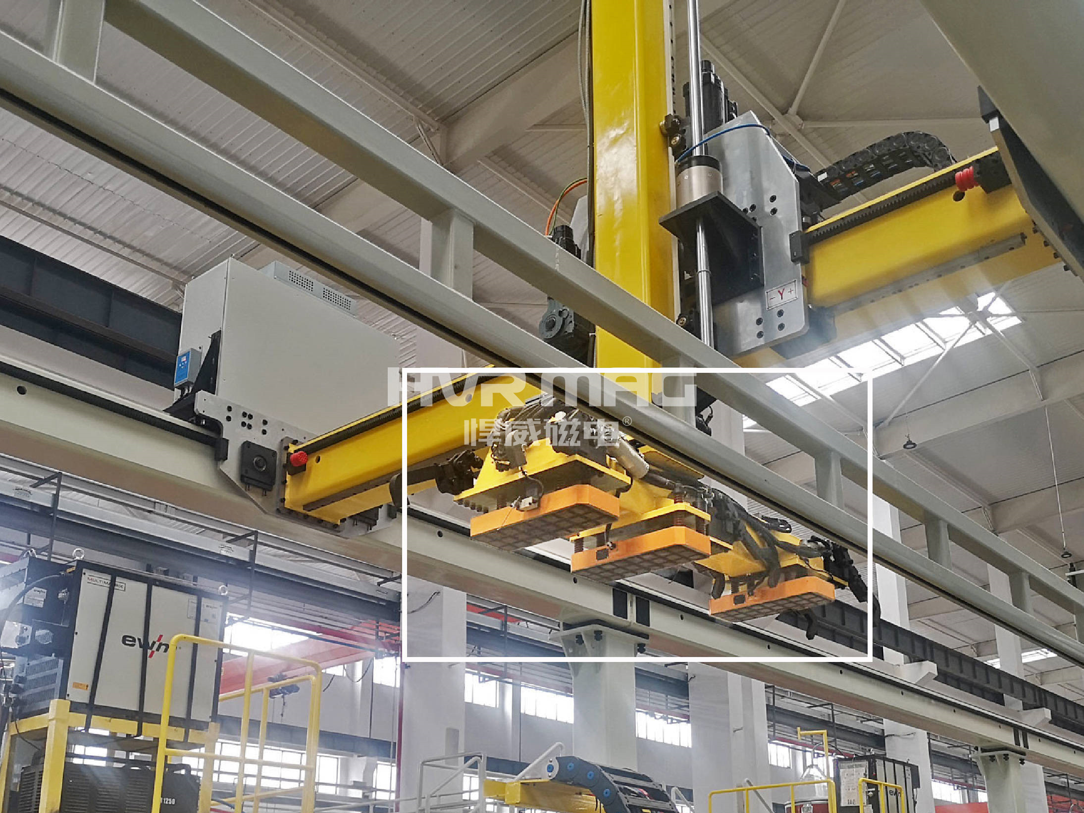 電永磁鐵自動(dòng)化搬運(yùn)鋼管，桁架機(jī)器人上下料 